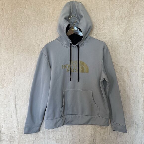 North Face Gray Gold‎ Hoodie Pullover Sweatshirt Pockets Sz L Please Read - Picture 12 of 14